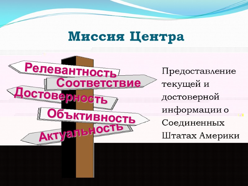 Миссия Центра   Релевантность Соответствие Достоверность Объктивность Актуальность Предоставление текущей и  достоверной
